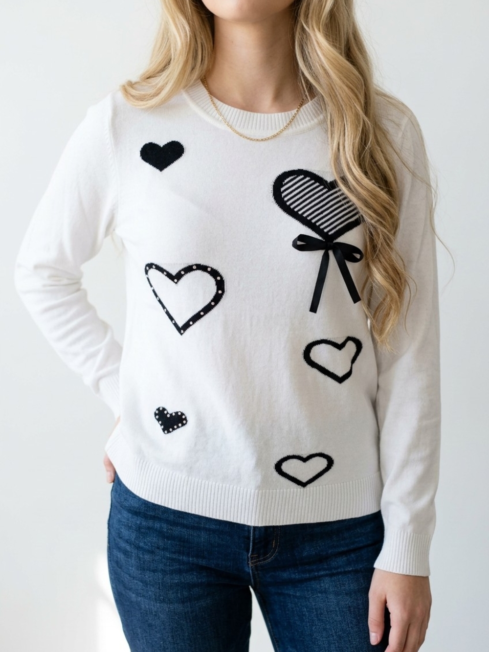 Tricotto Ivory Crewneck Sweater with Black Heart Motifs
